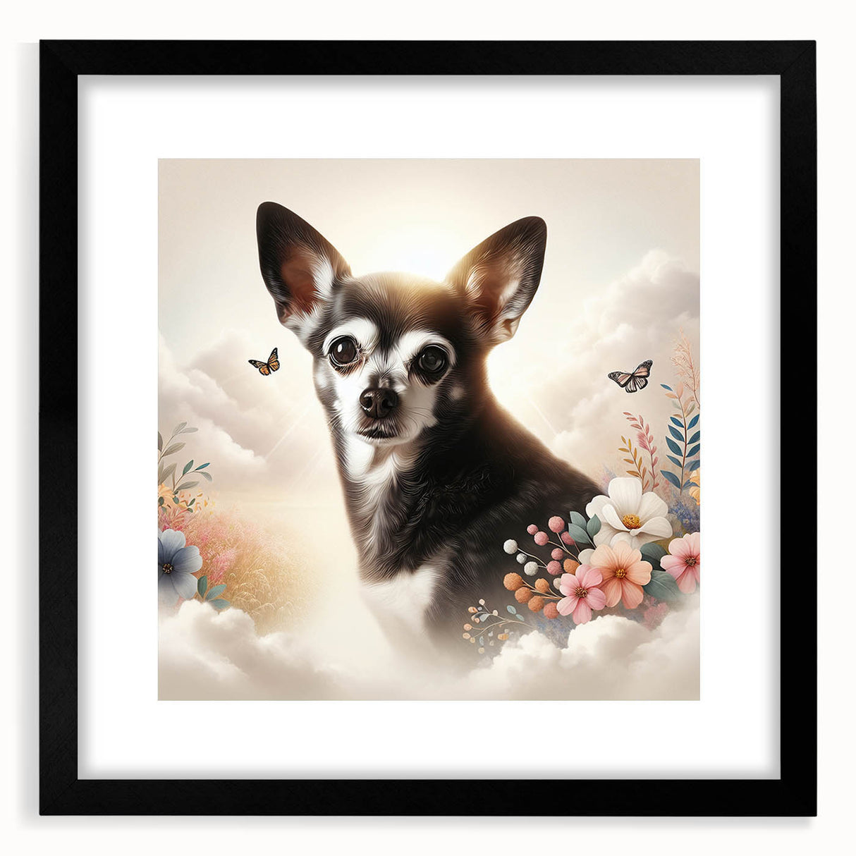 Chihuahua wall art collection framed in black, showcasing a vibrant design featuring playful dogs, perfect for pet lovers' home decor.