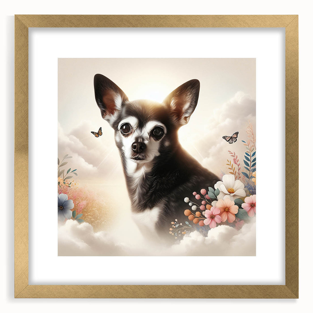 Framed wall art featuring a stylish Chihuahua design in a gold frame with a white mat, perfect for pet lovers and home decor. Ideal for enhancing interior spaces.