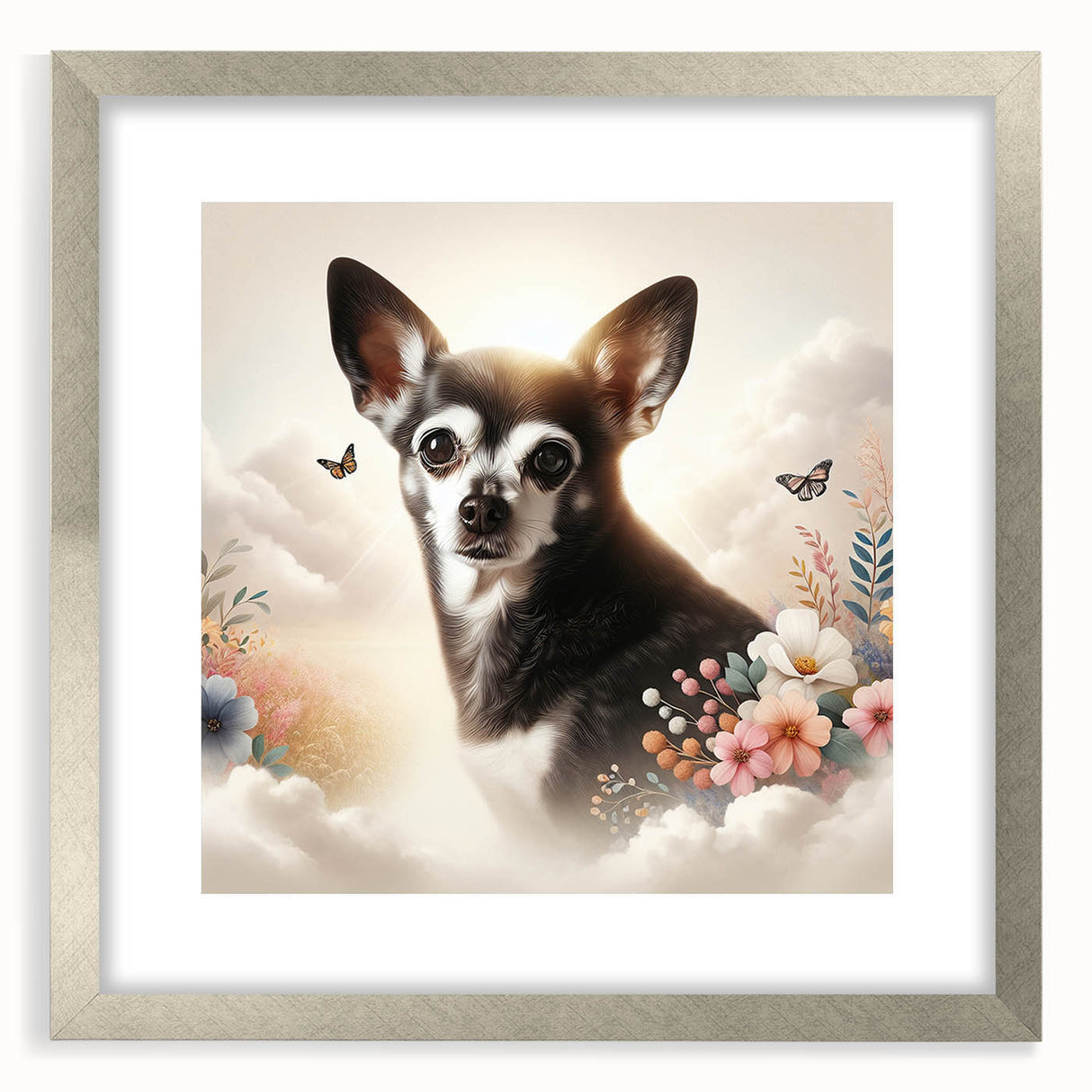 Framed wall art featuring a stylish Chihuahua design in a silver frame, complete with a mat, showcasing vibrant colors and intricate details, perfect for dog lovers.