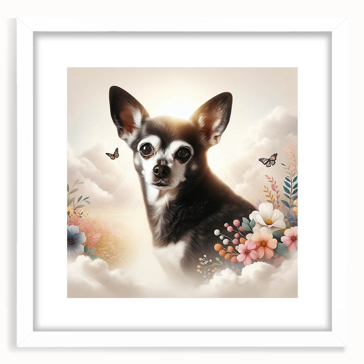 Chihuahua wall art collection framed in white with a mat; showcases playful dog designs, perfect for pet lovers' home decor. Ideal for enhancing living spaces.