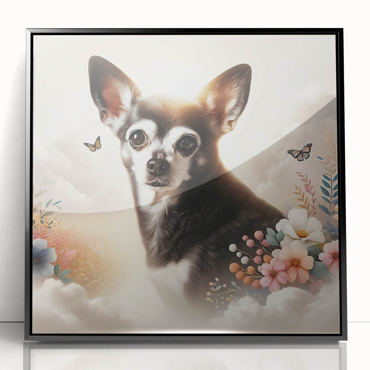 Framed acrylic wall art showcasing a stylish black front view of a Chihuahua design, perfect for pet lovers' home decor. Ideal for modern interiors, this vibrant piece adds a playful touch to any space while highlighting the charm of the Chihuahua breed.