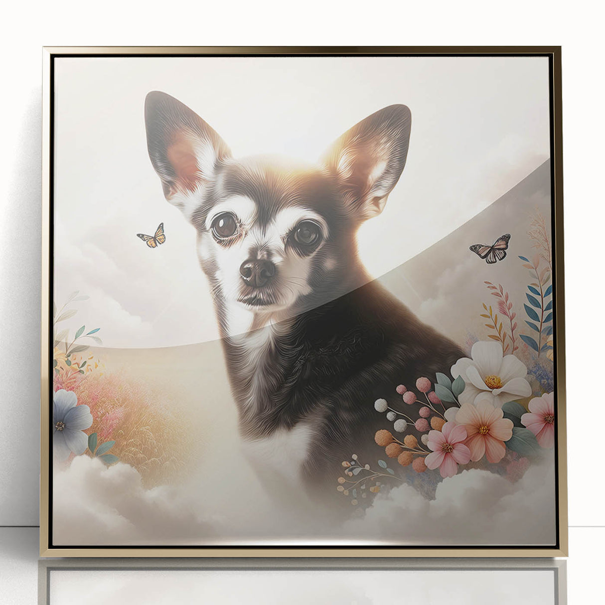 Framed wall art featuring a front view of a Chihuahua design, highlighted with gold accents and an acrylic finish, perfect for dog lovers' home decor.