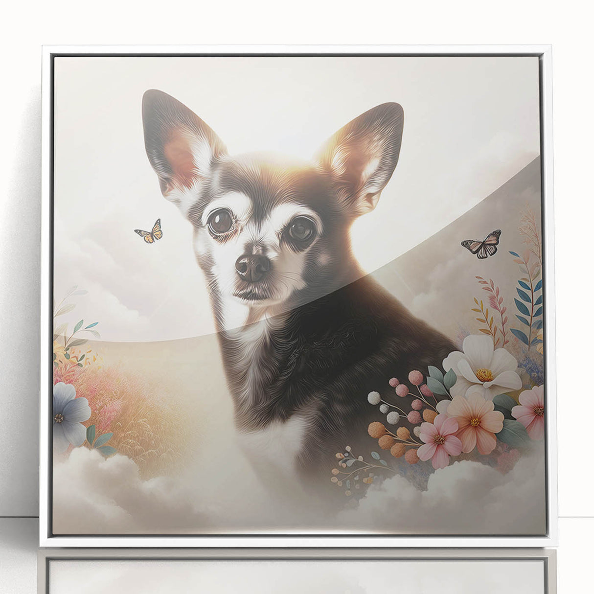 Framed wall art featuring a charming Chihuahua design in vibrant colors, showcased in a sleek white frame, perfect for dog lovers and home decor enthusiasts.