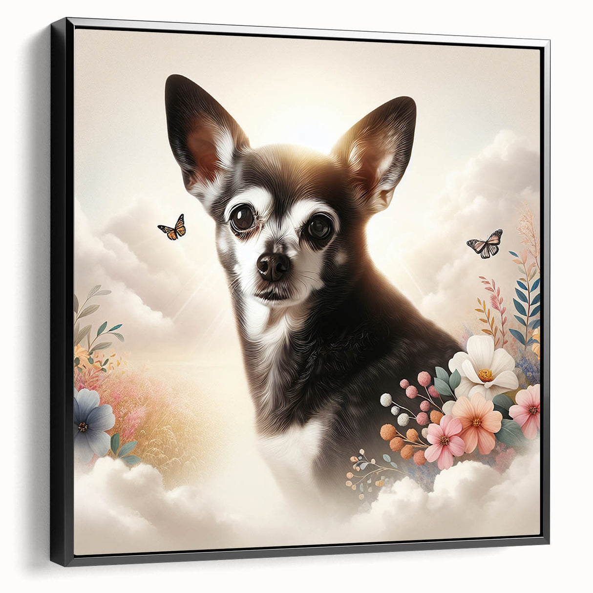 Framed wall art featuring a stylish black and white design of a Chihuahua, displayed from a side view, perfect for pet lovers' home decor.