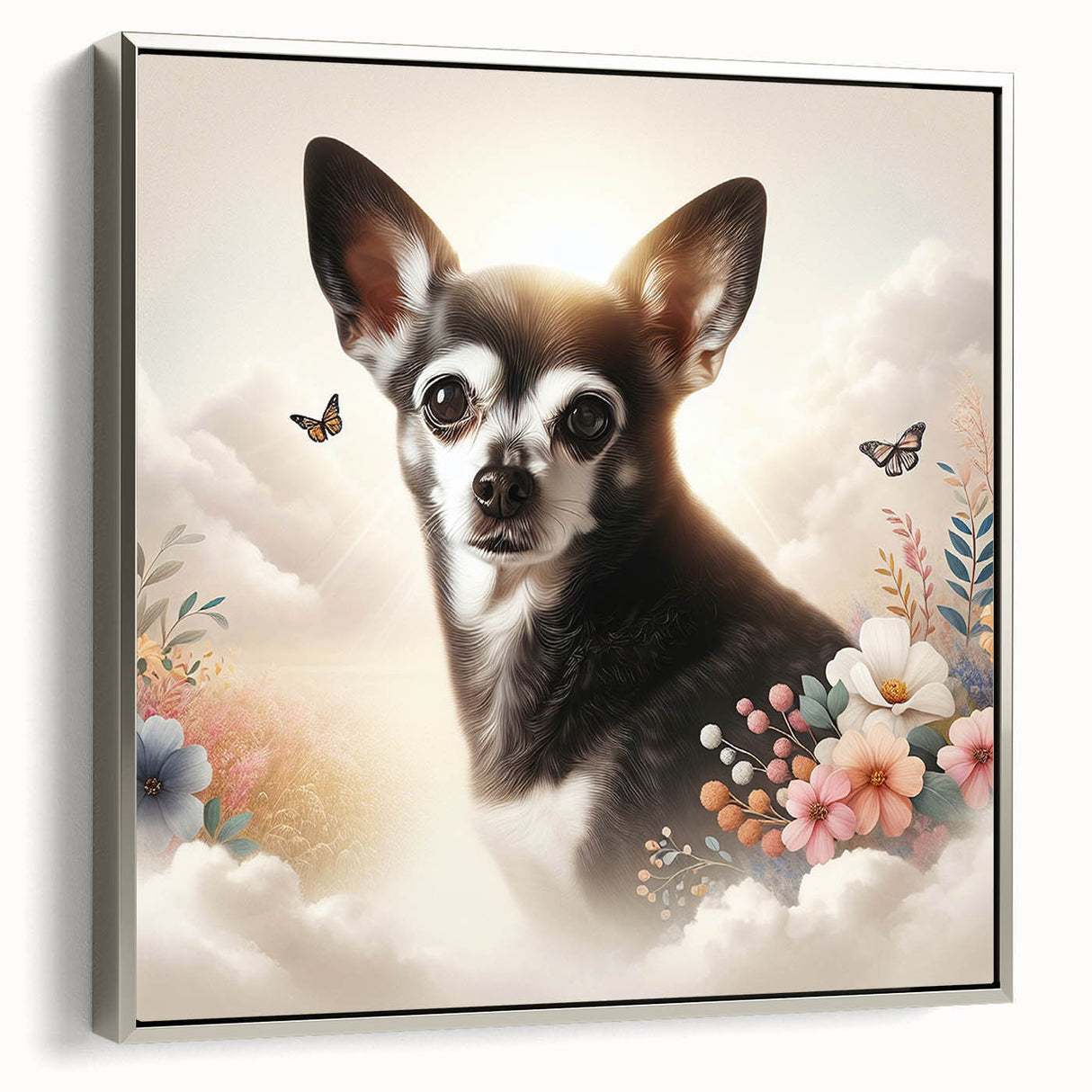 Framed wall art featuring a stylish Chihuahua design in a silver frame, showcasing the dog in a playful pose, perfect for pet lovers and home decor enthusiasts.