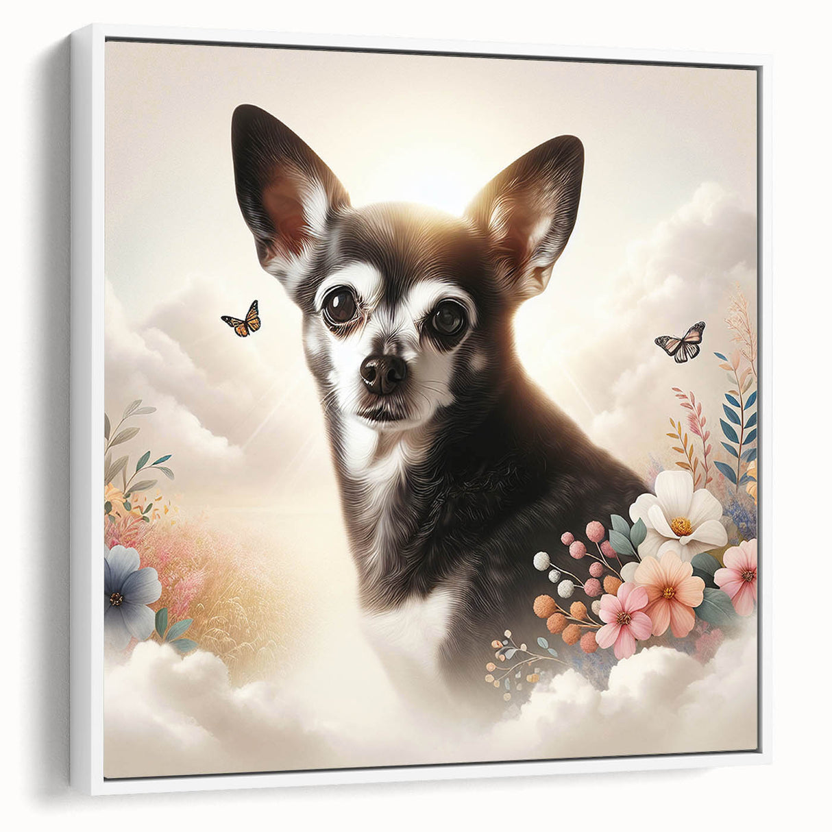 Framed canvas wall art showcasing a stylish Chihuahua design, featuring a white background and a side view of the dog, perfect for pet lovers’ home decor.