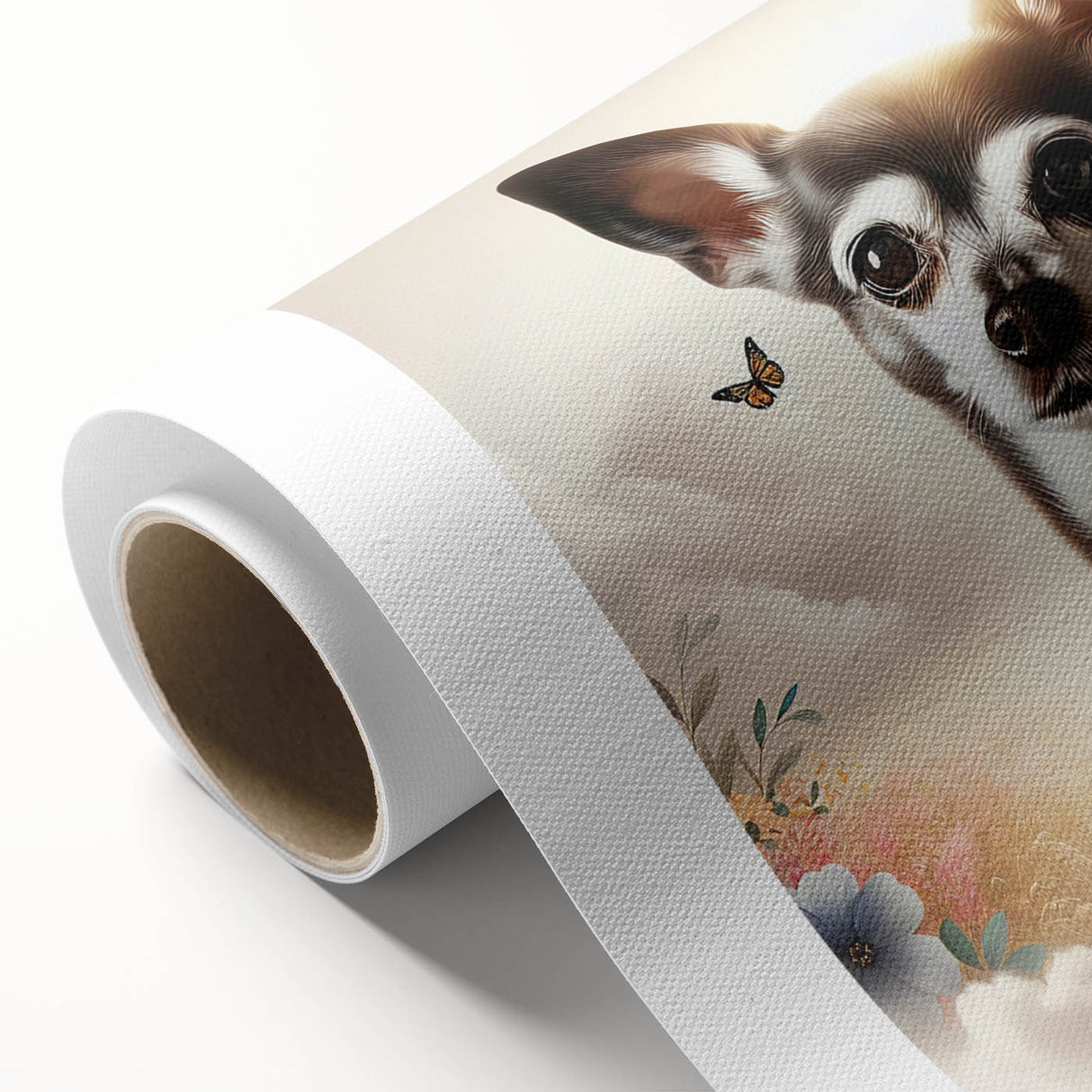 Charming rolled canvas wall art featuring a playful Chihuahua design, showcasing vibrant colors and intricate details, perfect for dog lovers' decor.