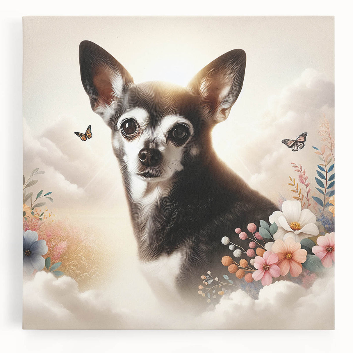 Chihuahua-themed wall art design on stretched canvas, showcasing vibrant colors and playful details, perfect for dog lovers' home decor.