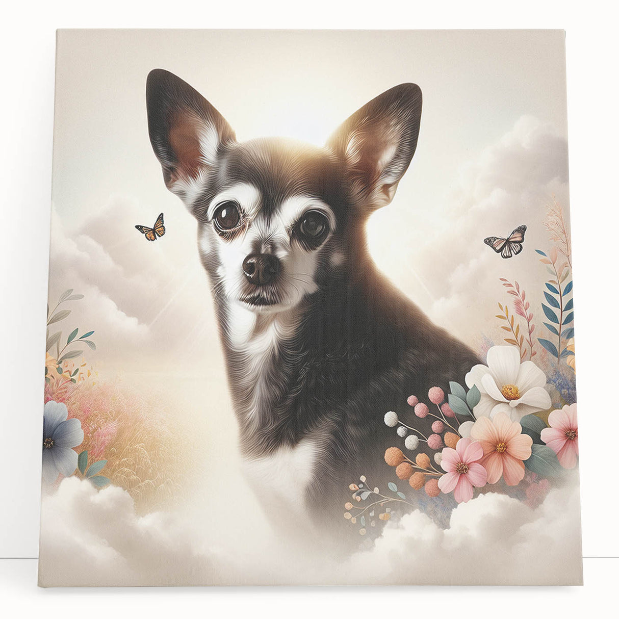 Charming Chihuahua wall art design on stretched canvas, showcasing vibrant colors and playful details, perfect for dog lovers' home decor.