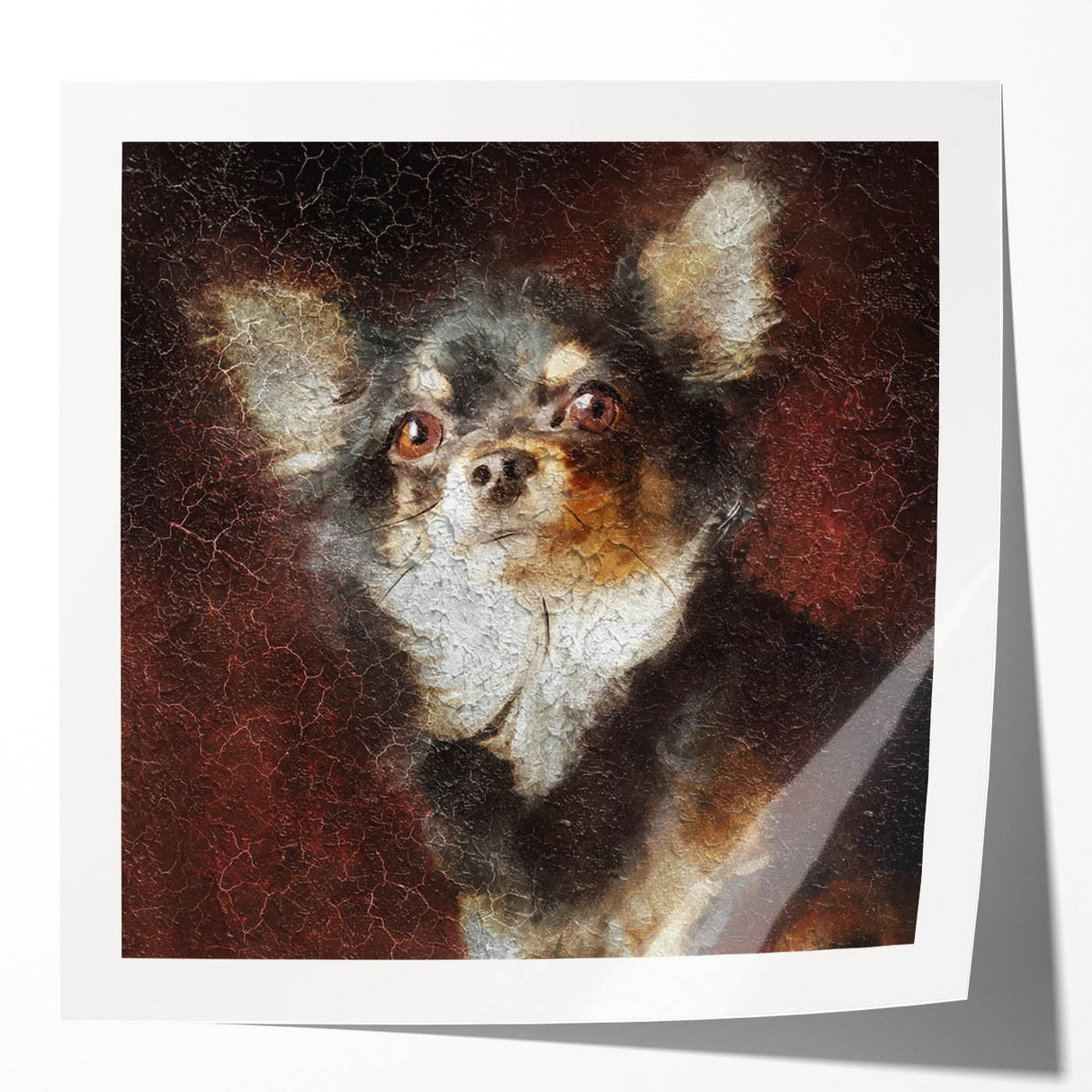 Chihuahua wall art collection featuring vibrant, glossy prints showcasing playful Chihuahuas in various poses, perfect for pet lovers' home decor.