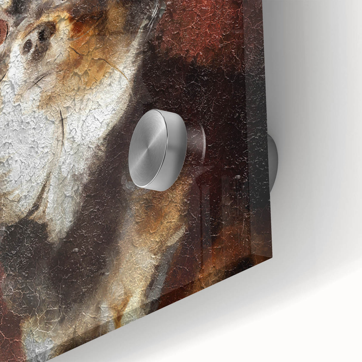 Close-up of a vibrant acrylic glass wall art piece showcasing a playful Chihuahua design, perfect for dog lovers and home decor enthusiasts. The artwork features bright colors and intricate details, making it an eye-catching addition to any room.