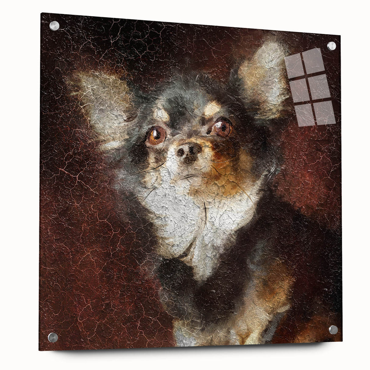 Chihuahua wall art collection displayed in acrylic glass, showcasing a colorful side view design with decorative pins, perfect for modern pet lovers' decor.