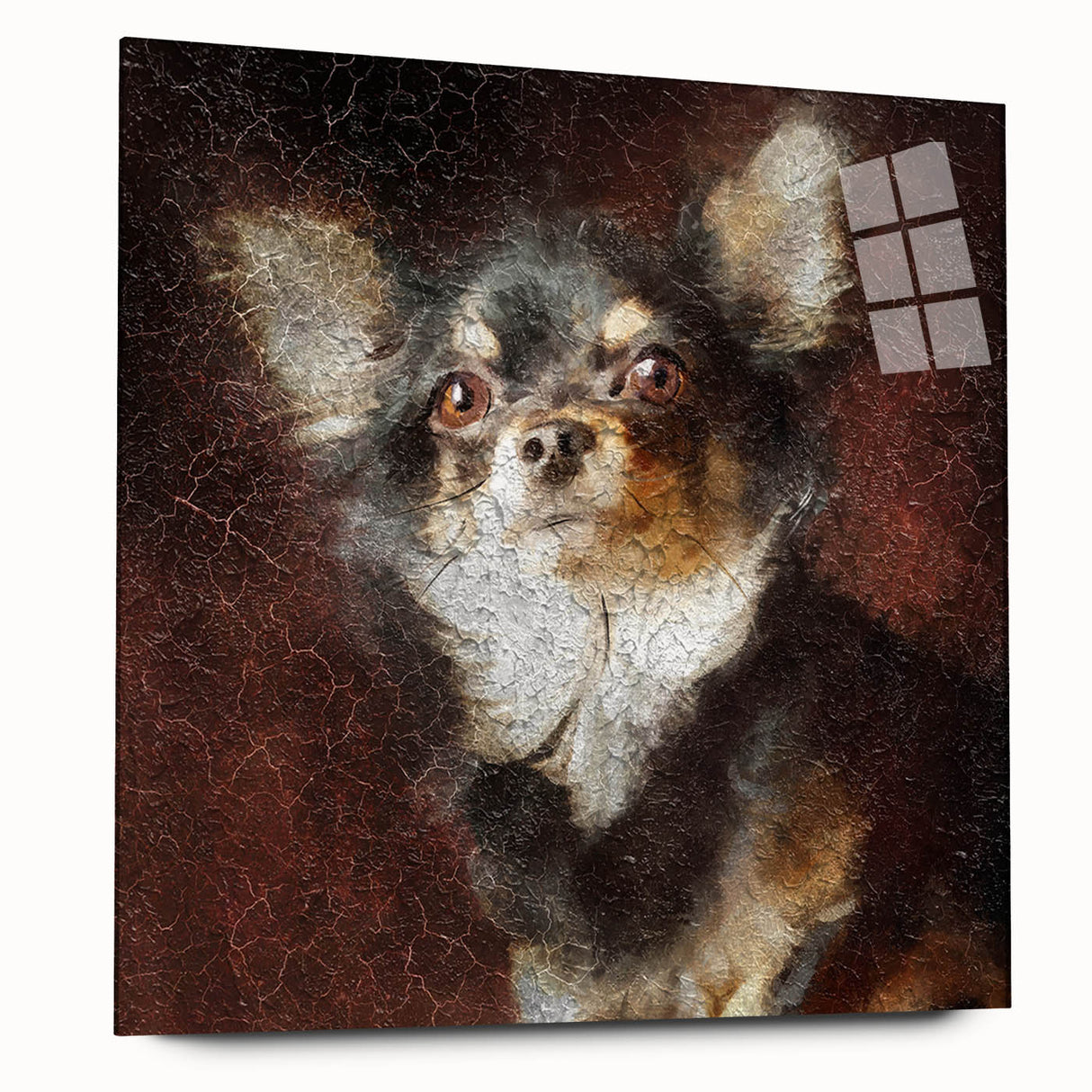 Chihuahua dog wall art collection in vibrant colors, showcasing acrylic glass design from a side view, ideal for pet lovers and home decor enthusiasts.