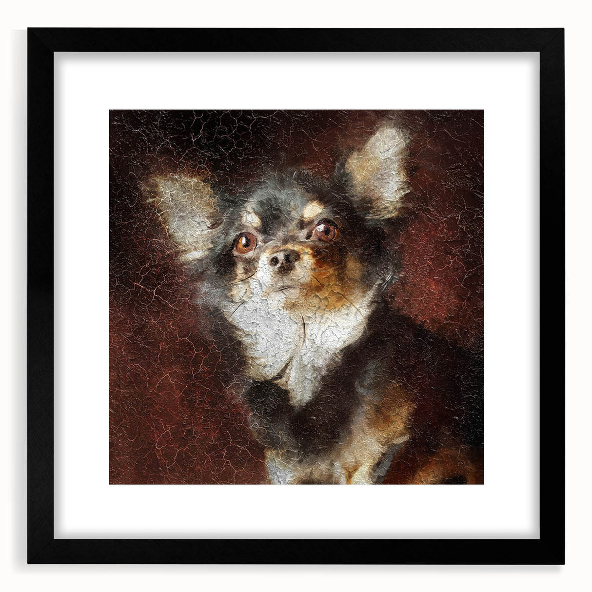 Framed wall art collection showcasing a stylish black mat and a chic front view design featuring adorable Chihuahuas, perfect for dog lovers' home decor.