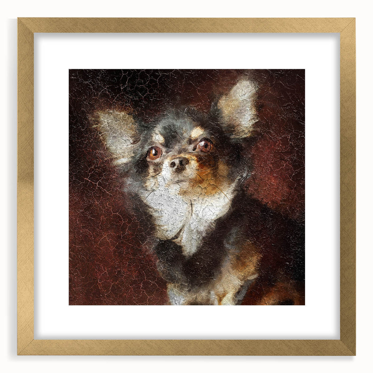 Chihuahua-themed wall art collection framed in gold, showcasing a stylish design with matting, perfect for dog lovers and home decor enthusiasts.