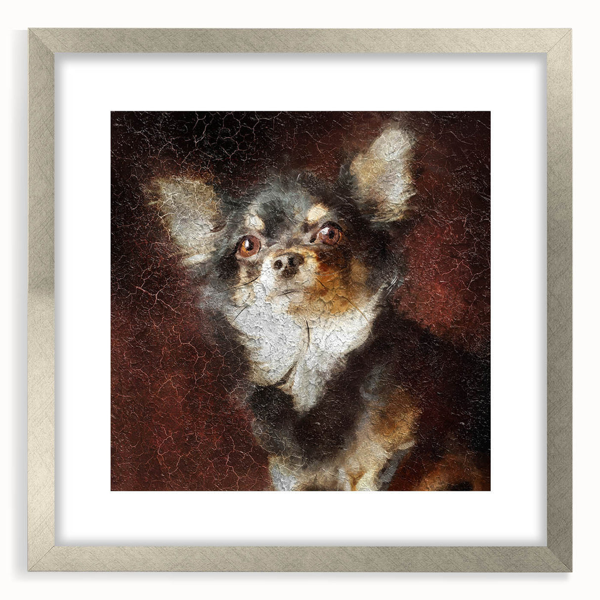 Chihuahua wall art design in a silver frame with matting, showcasing a charming illustration of the breed, ideal for dog lovers' home decor.