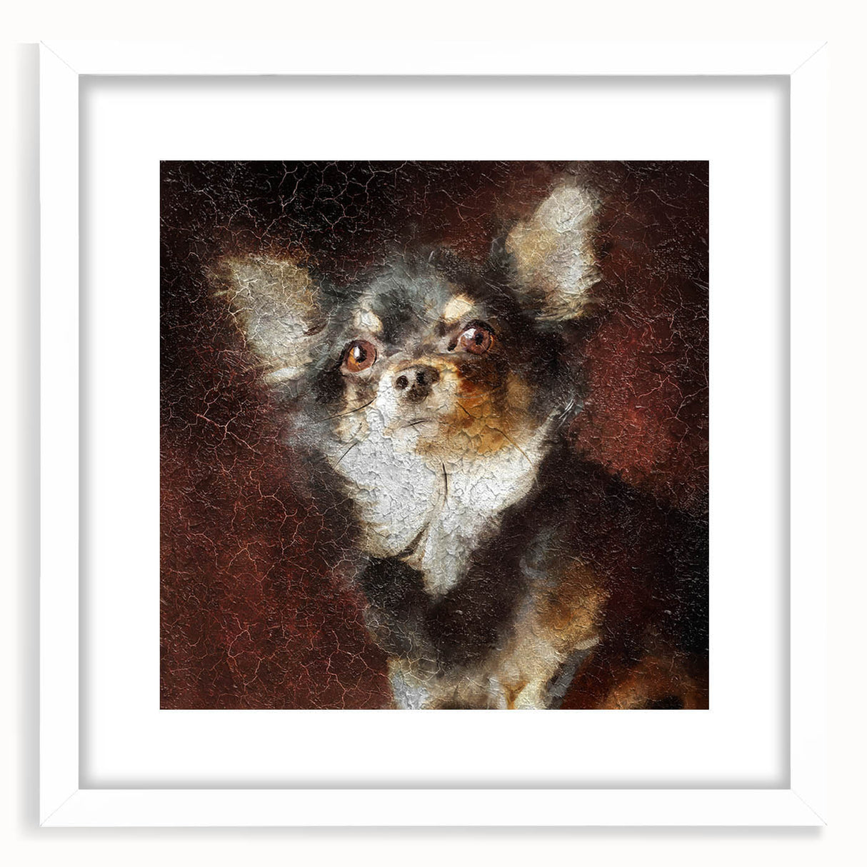 Chihuahua-themed wall art collection in a sleek white frame, showcasing adorable dog designs with vibrant colors, perfect for pet lovers' home decor.