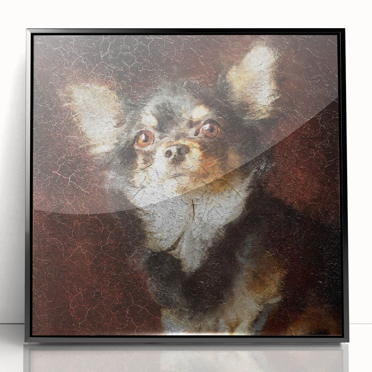 Framed wall art featuring a stylish black acrylic design of a Chihuahua, showcasing intricate details and vibrant colors, perfect for dog lovers' home decor.