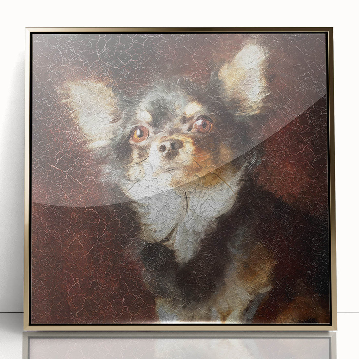 Framed wall art featuring a stylish Chihuahua design in a gold acrylic frame, showcasing the dog’s playful expression against a vibrant background, ideal for pet lovers.