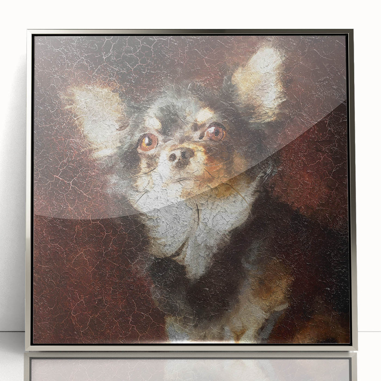 Chihuahua wall art collection framed in silver acrylic showcasing an adorable front view of a tiny dog, perfect for pet lovers and home decor enthusiasts.