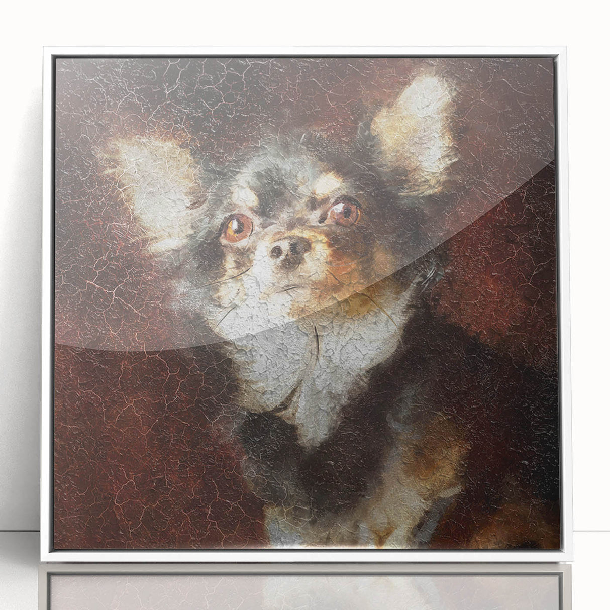 Framed wall art collection featuring a stylish Chihuahua design in vibrant colors, set against a white background, perfect for adding a playful touch to home decor.
