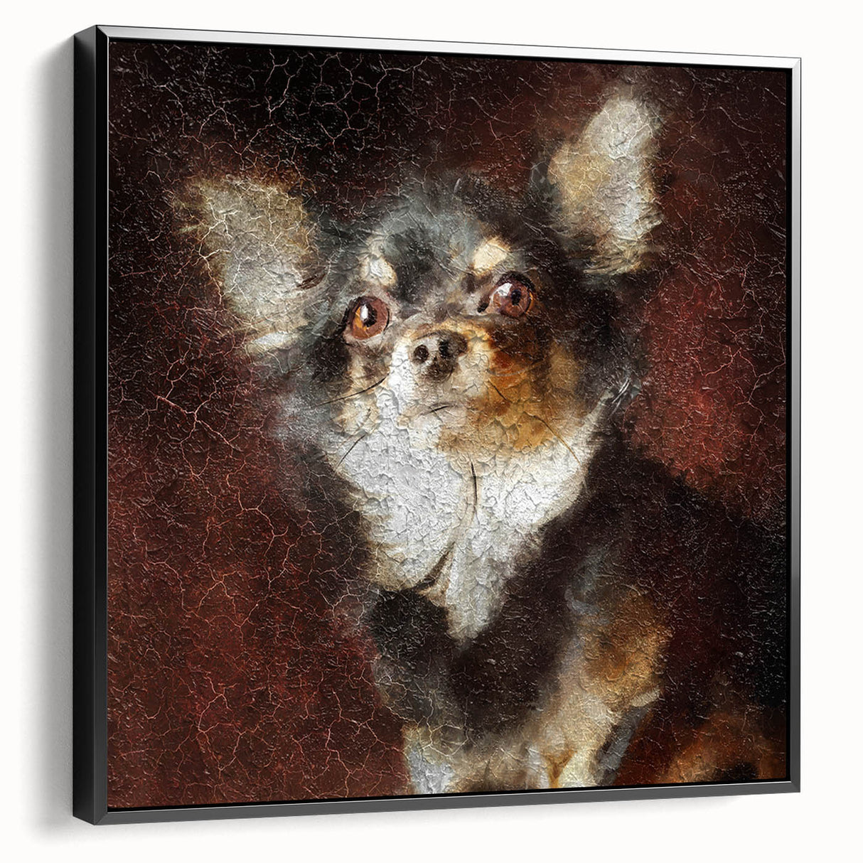 Charming Chihuahua wall art canvas print, framed in black, showcasing a colorful dog design with a playful pose, ideal for pet lovers' home decor.