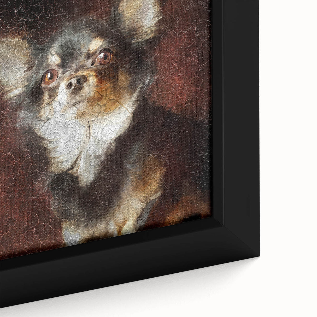 Close-up of a framed canvas wall art piece featuring a colorful Chihuahua design, showcasing vibrant colors and intricate details, perfect for dog lovers' decor.