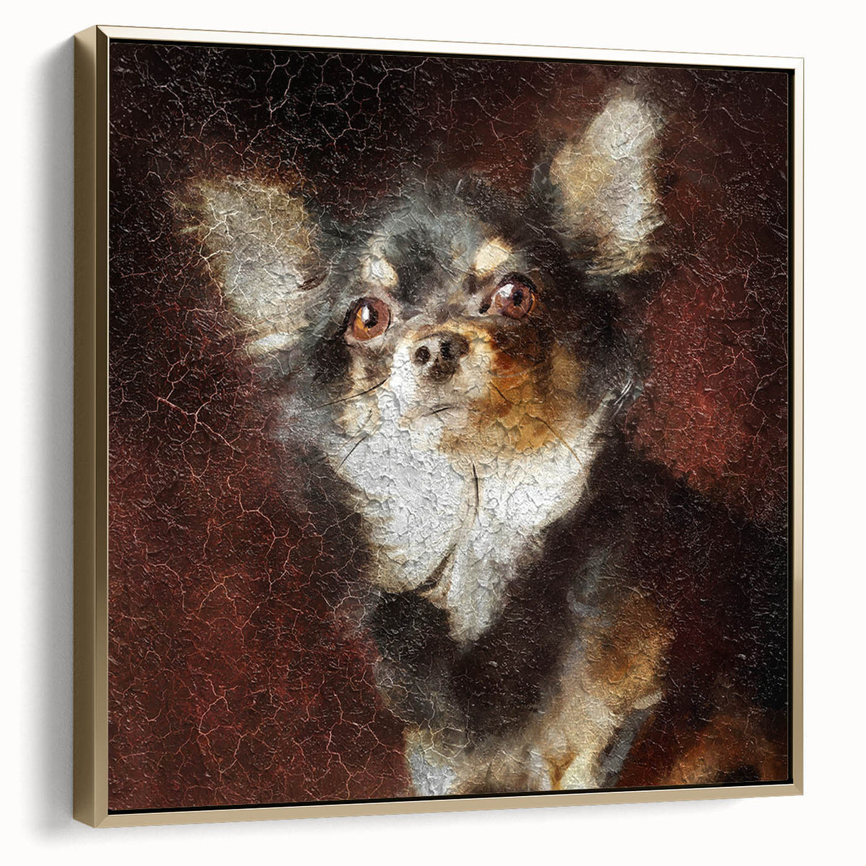 Framed canvas wall art featuring a stylish Chihuahua design in gold tones, showcasing the dog’s playful profile, perfect for pet lovers’ home decor.