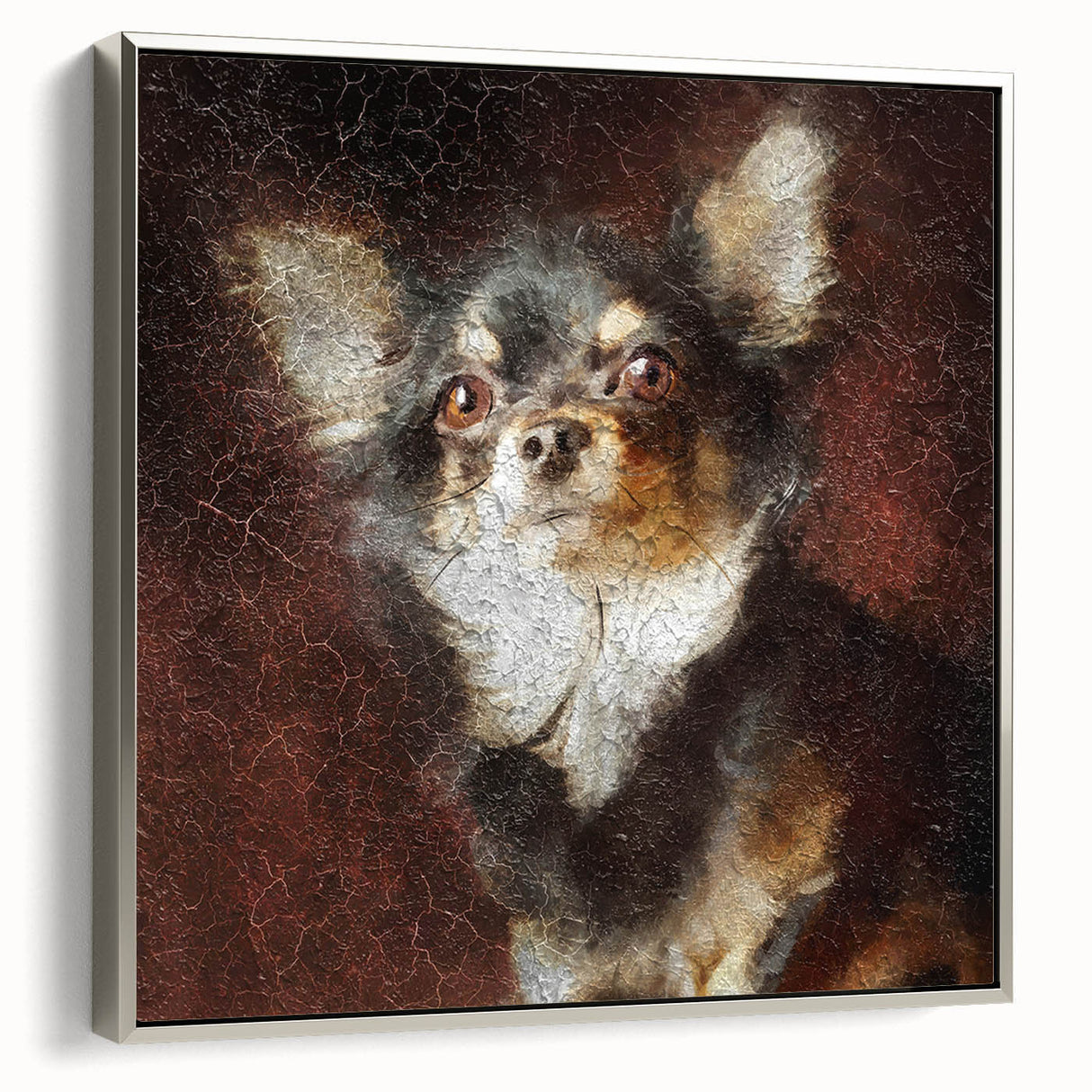 Framed wall art canvas featuring a stylish side view design of a Chihuahua dog, showcasing intricate details and a silver frame, ideal for pet lovers’ home decor.