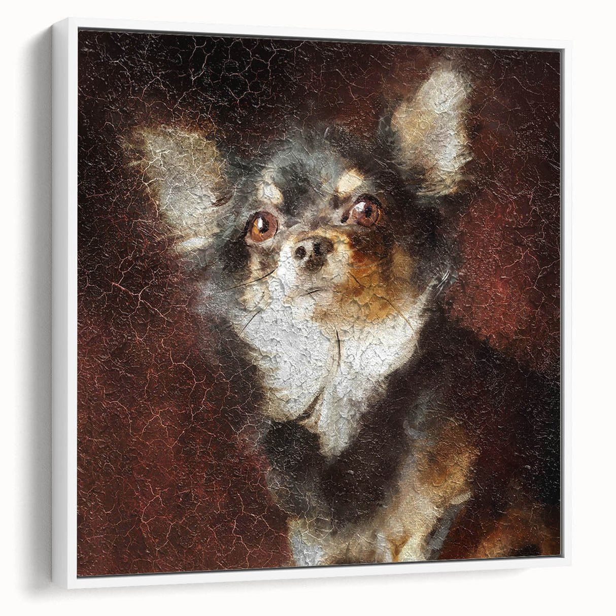 Framed canvas wall art showcasing a stylish Chihuahua design in a white frame, featuring vibrant colors and intricate details, perfect for dog lovers' decor.