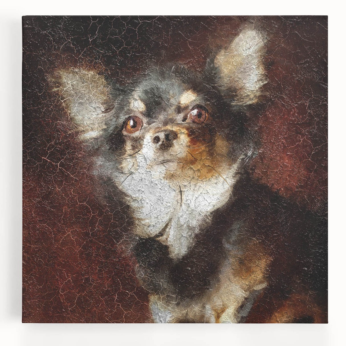 Chihuahua wall art canvas featuring a playful design with vibrant colors, showcasing a front view of a cute dog, perfect for pet lovers' home decor.