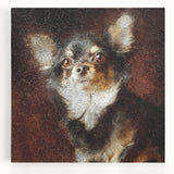 Chihuahua wall art canvas featuring a playful design with vibrant colors, showcasing a front view of a cute dog, perfect for pet lovers' home decor.