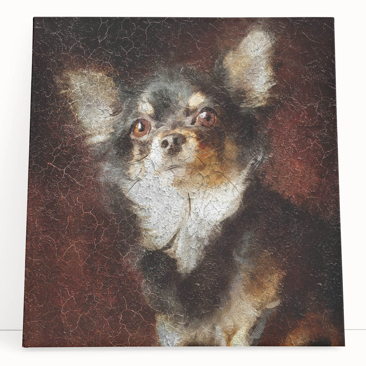 Chihuahua wall art design on a stretched canvas, featuring vibrant colors and playful patterns, perfect for pet lovers' home decor or gifts.