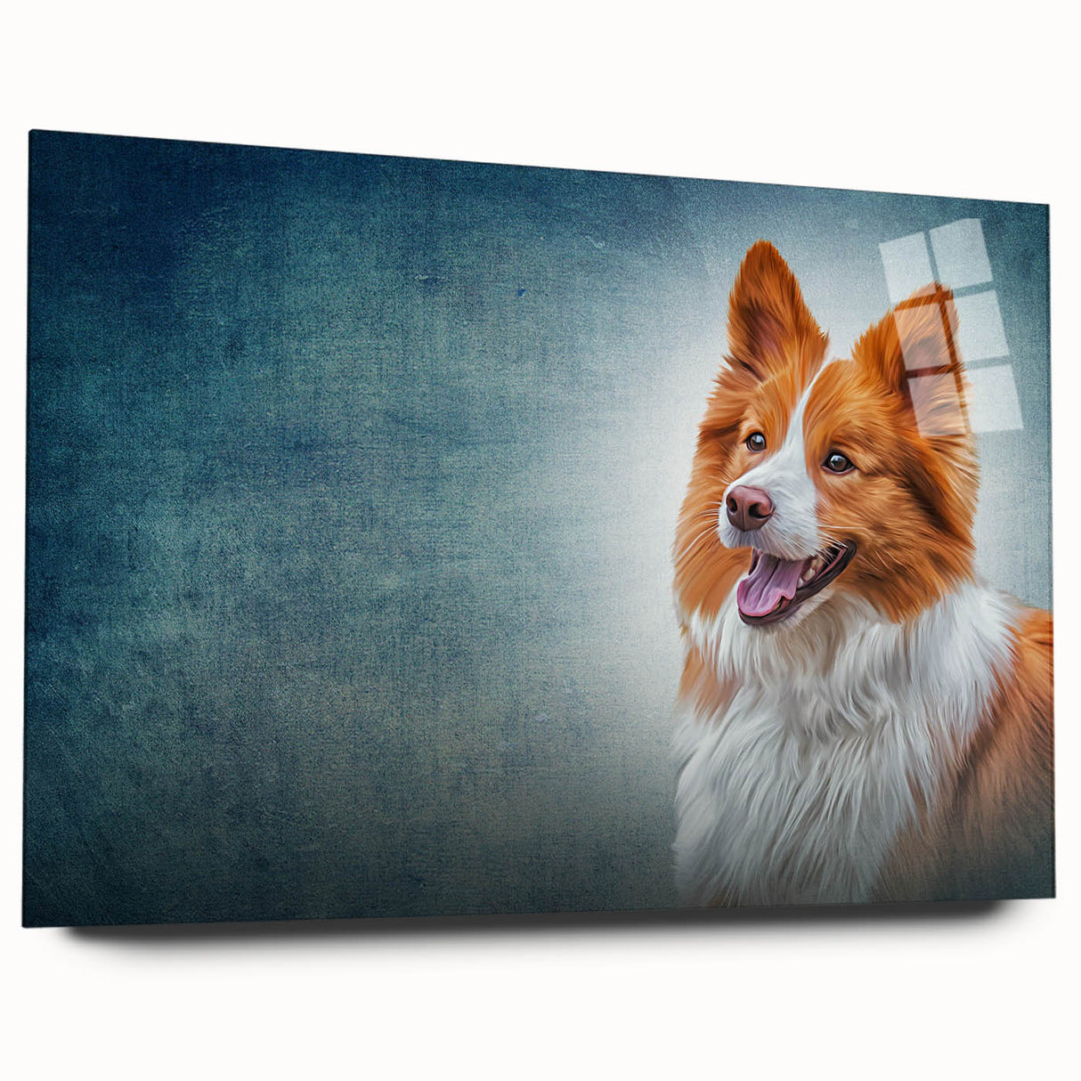 Side view of a stylish acrylic glass wall art piece featuring a colorful Collie dog design, ideal for pet lovers and home decor enthusiasts. This vibrant artwork adds a playful touch to any room, showcasing the dog’s expressive features and lively colors.
