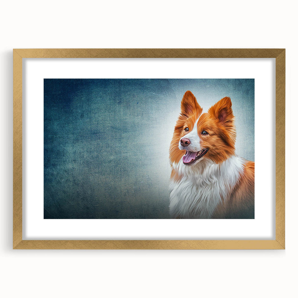 Framed wall art featuring a beautiful collie design with a gold mat, showcasing the elegance of canine artistry in a modern setting, perfect for dog lovers.