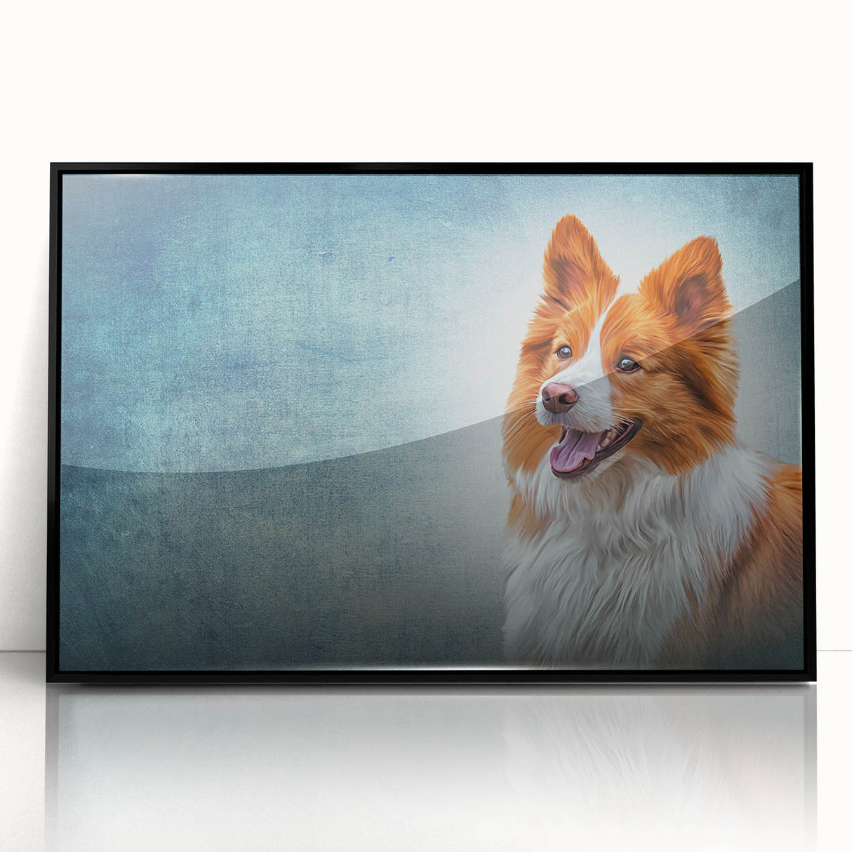 Framed black acrylic wall art featuring a stylish collie design, showcasing vibrant colors and intricate details, perfect for dog lovers and home decor enthusiasts.