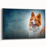 Framed canvas wall art featuring a beautifully designed collie dog in a striking black frame, showcasing detailed textures and colors, perfect for dog lovers.
