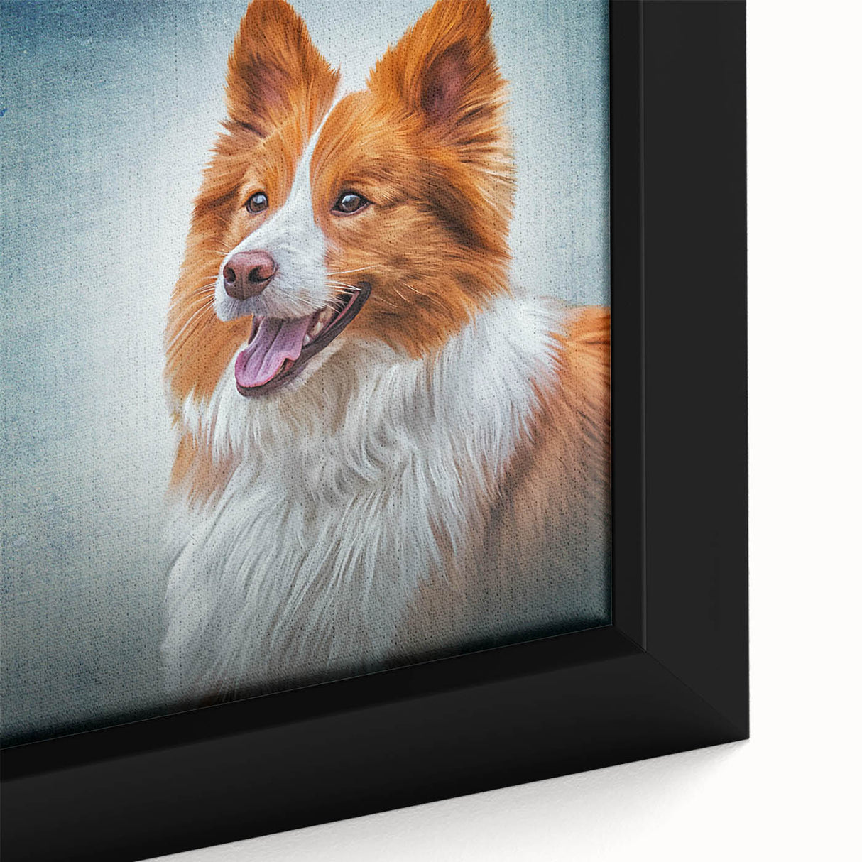 Close-up of a framed canvas wall art featuring a beautifully detailed collie design, showcasing vibrant colors and intricate textures, perfect for dog lovers' decor.