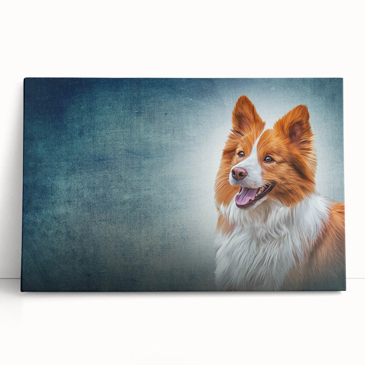 Stretched canvas wall art featuring a vibrant collie design, showcasing a playful collie dog in a colorful, artistic style, perfect for pet lovers' home decor.