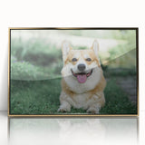 Framed wall art collection showcasing a playful corgi design in vibrant colors, featuring a gold-acrylic front for an elegant finish, ideal for dog lovers' decor.