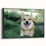 Framed wall art featuring a playful corgi design on a black canvas, showcasing vibrant colors and detailed textures, perfect for dog lovers' home decor.