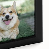 Close-up of a framed canvas art piece showcasing a whimsical corgi design, featuring vibrant colors and intricate details, perfect for dog lovers' home decor.