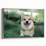Corgi-themed wall art canvas in a sleek silver frame, showcasing a playful design of a corgi in vibrant colors, perfect for pet lovers' home decor.