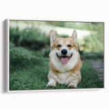Framed canvas wall art featuring a side view of a playful corgi design, showcasing vibrant colors and cute details, perfect for dog lovers' home decor.
