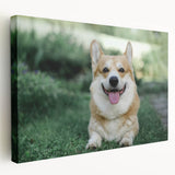 Stretched canvas wall art showcasing an adorable corgi design in a playful pose, perfect for dog lovers. The vibrant colors and detailed illustration add charm to any space.
