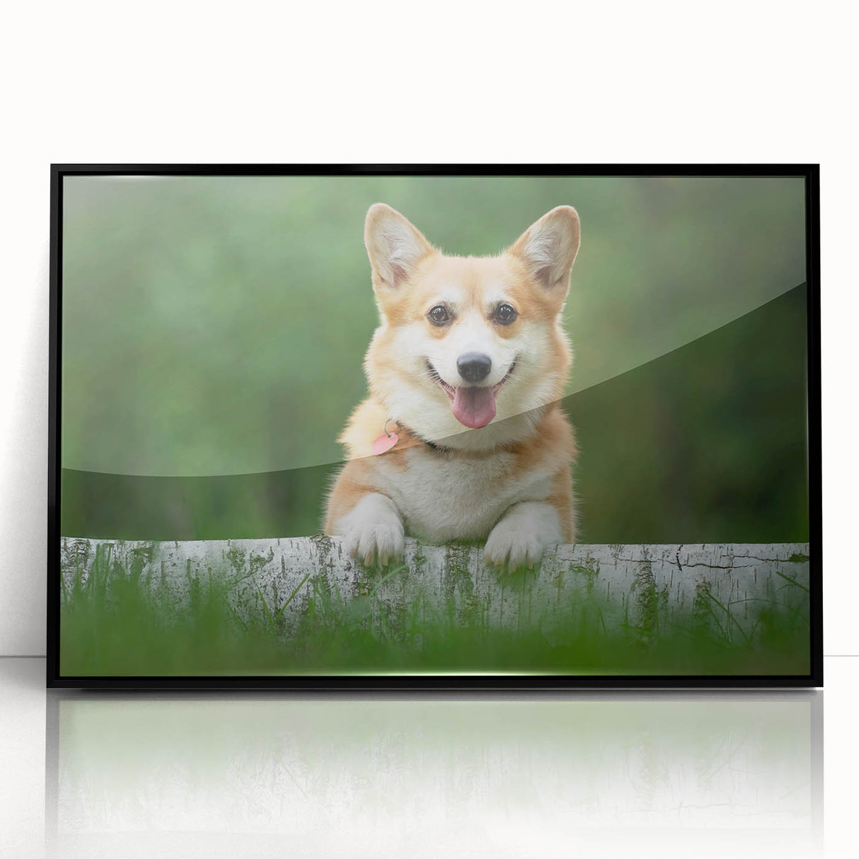 Framed wall art featuring a playful corgi design in vibrant colors, showcased in a sleek black frame, ideal for dog lovers and home decor enthusiasts.