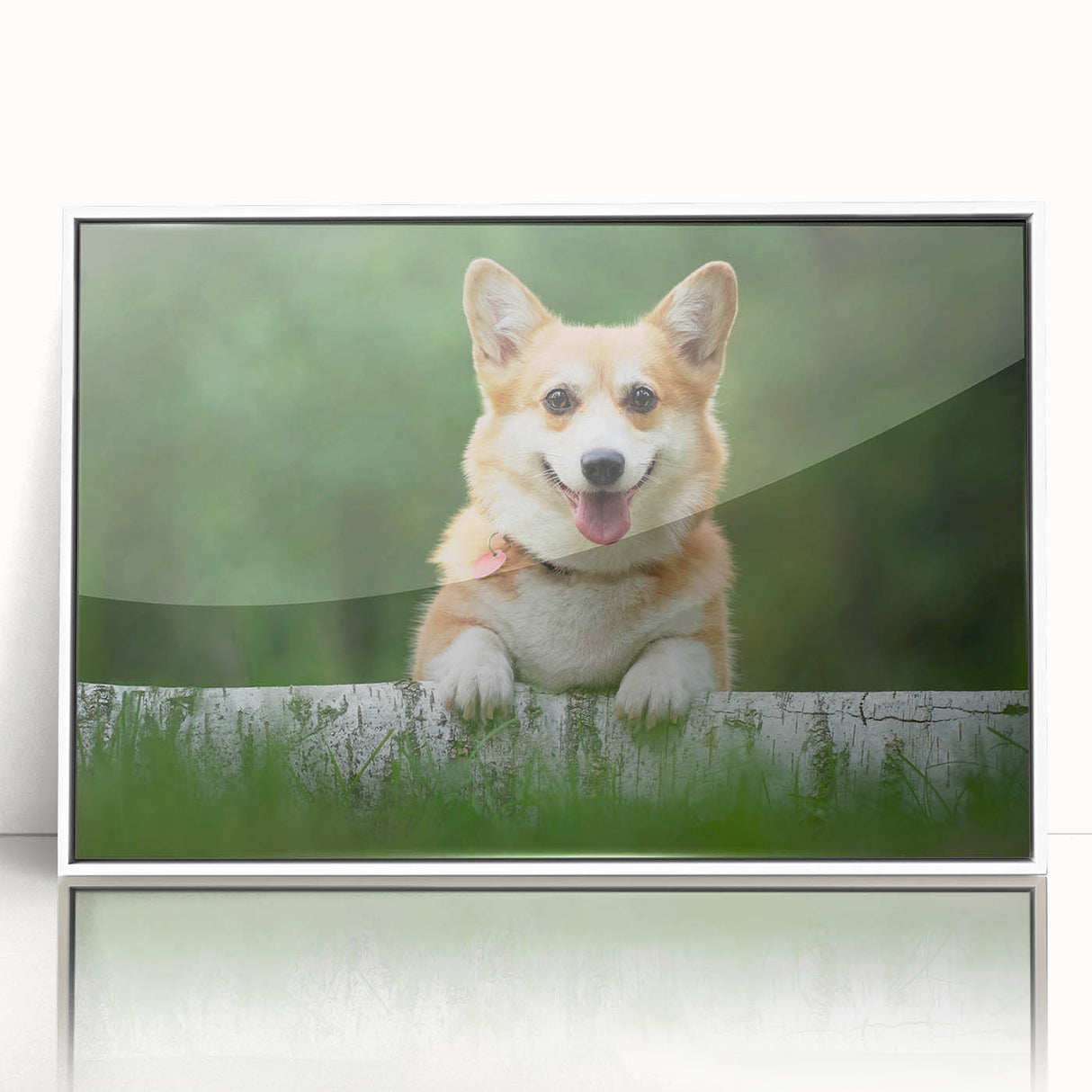 Framed wall art collection featuring a playful corgi design, displayed in a sleek white frame, perfect for adding a whimsical touch to home decor.
