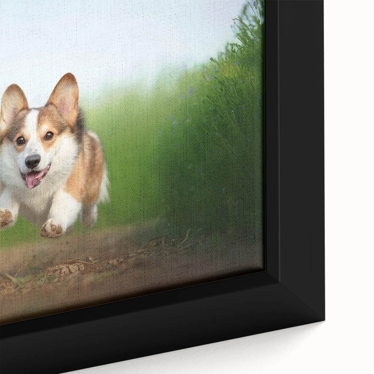 Close-up of a framed canvas wall art featuring a playful corgi design, showcasing vibrant colors and detailed illustration, perfect for pet lovers' home decor.