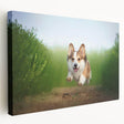 Stretched canvas wall art showcasing a playful corgi design in vibrant colors, perfect for dog lovers, displayed in a stylish side view.