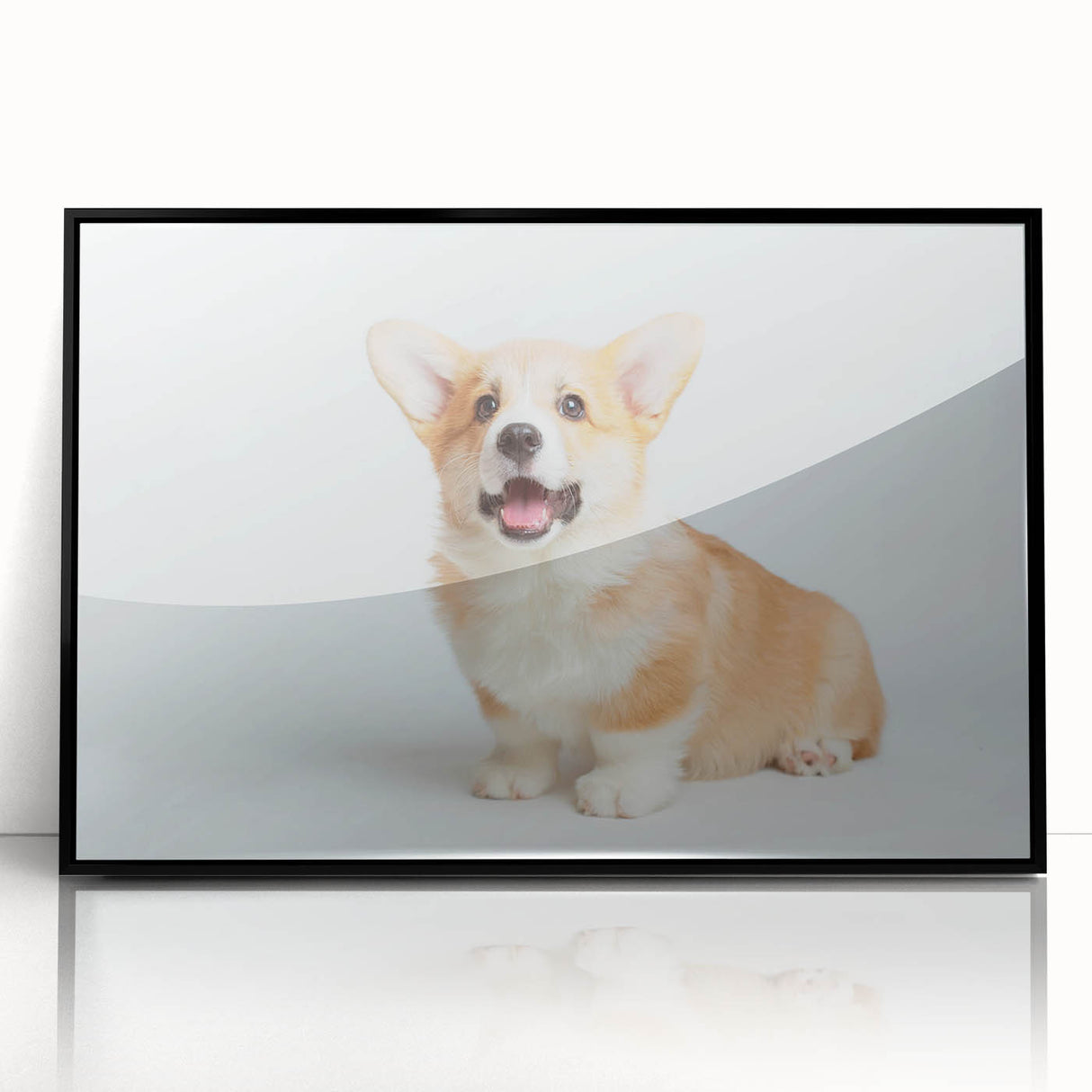 Framed wall art collection showcasing a playful corgi design on an acrylic surface, featuring a sleek black frame, perfect for dog lovers' home decor.